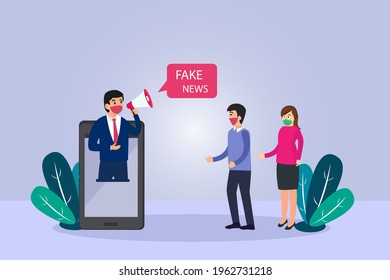 Fake news vector concept. Young man wearing face mask while announcing fake news to people on a mobile phone