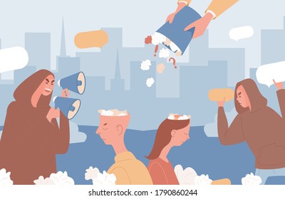 Fake news vector flat illustration. People with loudspeakers and speech bubbles filling man and woman heads with garbage. Information noise, misinformation, conspirators telling false news.
