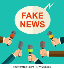 Fake news vector flat style concept. Microphones in hands. Lie and journalist.