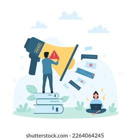 Fake news vector illustration. Cartoon tiny people putting warning exclamation mark on big megaphone with speech bubbles to stop share disinformation in social media, spread misinformation online
