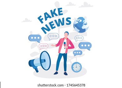 Fake news. Vector illustration for web banner, infographics, mobile. Misleading information. People share fake news on social media and internet concept.  