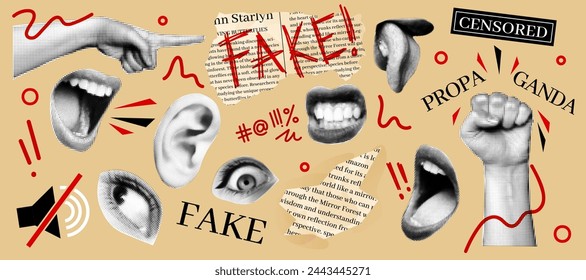 Fake news. Vintage paper collage. Retro halftone. Newspaper mouth and hand fist torn pieces. Punk woman. Censored sticker. Ear or shouting lips. Propaganda misinformation. Hoax true. Vector background