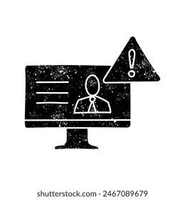 Icono de advertencia de noticias falsas monitor de computadora con signo negro dibujado a mano icono en aspecto grunge