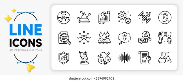 Fake news, Waterproof and Pantothenic acid line icons set for app include Report document, Chemistry lab, Report outline thin icon. Microscope, Work, Chemical hazard pictogram icon. Vector