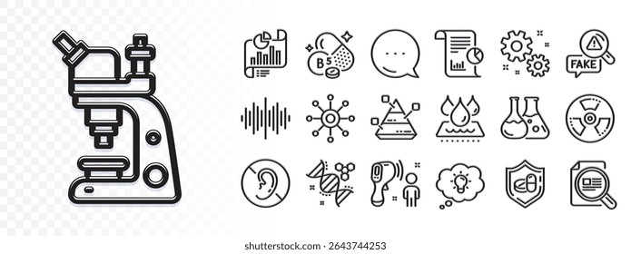 Fake news, Waterproof and Pantothenic acid line icons for web app. Glare of light effect. Message icon. Pack of Report document, Chemistry lab, Report pictogram icons. Vector