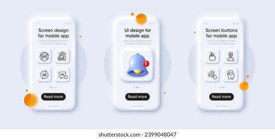 Fake news, Weariness and Medical mask line icons pack. 3d phone mockups with bell alert. Glass smartphone screen. Eco food, Update data, Report web icon. English, Ab testing pictogram. Vector