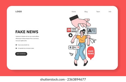 Fake news web banner or landing page. Manipulation and control over people mind. Media influencing and manipulating character. Propaganda, hoaxes and internet fakes. Flat vector illustration