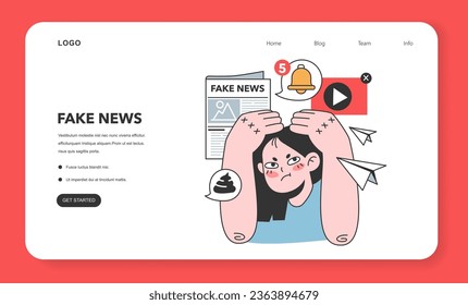 Fake news web banner or landing page. Manipulation and control over people mind. Media influencing and manipulating character. Propaganda, hoaxes and internet fakes. Flat vector illustration