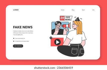 Fake news web banner or landing page. Manipulation and control over people mind. Media influencing and manipulating character. Propaganda, hoaxes and internet fakes. Flat vector illustration