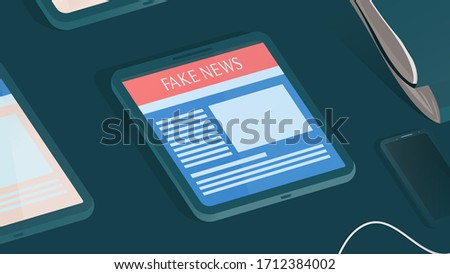 Fake News Website On Tablet Screen. Smartphone And Dossiers Out Of Frame. Debunking, Hoaxes, Junk News And Disinformation Concept. Blue Background. Editable EPS Vector Illustration