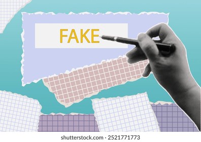 Fake News. Die Hand einer Frau zeigt mit einem Stift auf falsche Informationen, falsche Daten, ein betrügerisches Dokument. Nach wahren Fakten suchen, Benachrichtigungen auswählen. Zeitgenössische Collage-Kunst, Halbtonvektor.