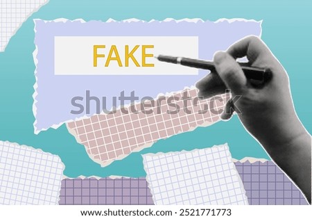 Fake news. A woman's hand points with a pen to false information, incorrect data, a fraudulent document. Search for true facts, select notifications. Contemporary collage art, halftone vector.