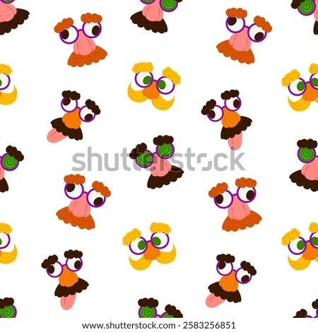 Fake nose glasses vector seamless pattern. Bright background for April Fool's Day. Traditional disguise glasses backdrop for Joke Day isolated on white for wrapping, textile, print, web