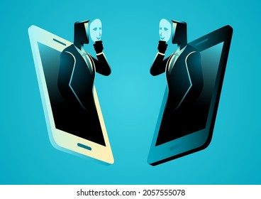 Fake on social media, two businessmen talking with each other using mask through smart phone, dissemblance, pretend, falsity concept