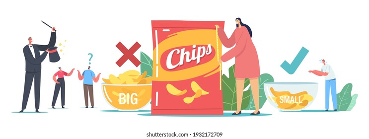 Fake Packaging Marketing Tricks Concept. Tiny Male and Female Characters at Huge Bowls with Potato Chips, Woman Measuring Pack with Tape, Magician with Wand Show. Cartoon People Vector Illustration