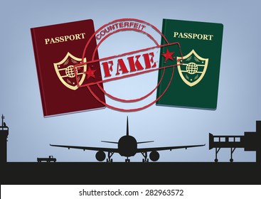 Fake Passports And Airplane In Airport Tarmac Silhouette. Editable Clip Art Image.