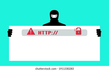Fake Phishing website. A hacker steals personal data, passwords, and accesses users ' personal bank cards. The concept of cybercrime, Internet fraud, phishing scam. Vector illustration in a flat style