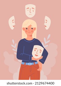 Fake positive emotion abstract concept. Young woman puts on social masks and hides her real emotions and feelings from other people. Sad female character. Cartoon modern flat vector illustration