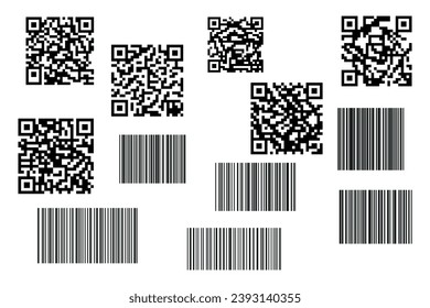 Ilustración vectorial del conjunto de código QR falso y código de barras.