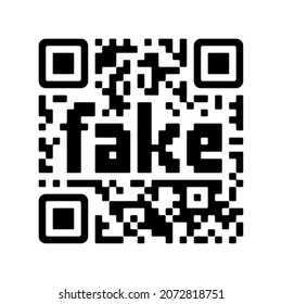 Fake QR code. Conceptual warning symbol of some false identification, sales scam and internet fraud. Vector sticker with a black pixel pattern and digital text 'fake'.