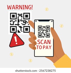 Fake Qr Code. Hand with phone. Scan to pay financial scam. Online crime warning. Flat vector poster, banner.