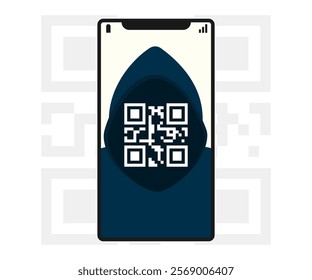 Fake qr code and scammer on the phone screen. Phishing fraud concept. Online crime warning. Financial scam. Flat vector poster, banner.