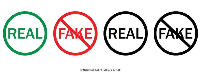 Fake and Real Icon Set – Outline, Solid Glyph and Line Vector Authenticity Verification Symbols Isolated on Transparent Background