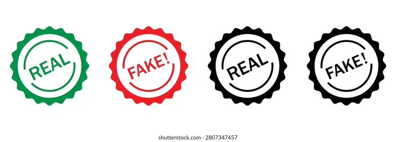 Fake and Real Icon Set – Outline, Solid Glyph and Line Vector Authenticity Verification Symbols Isolated on Transparent Background