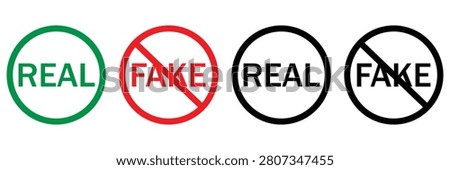 Fake and Real Icon Set – Outline, Solid Glyph and Line Vector Authenticity Verification Symbols Isolated on Transparent Background