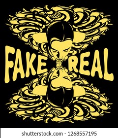 Fake or real. Vector hand drawn surrealistic illustration of woman . Creative artwork. Template for card, poster, banner, print for t-shirt, pin, badge, patch.