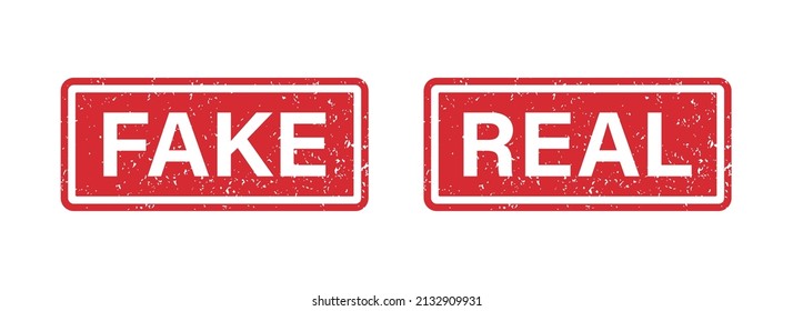Fake and Real word grunge rubber stamp for media and documents. Fake and Real sign sticker. Symbol of truth and lies. Grunge red vintage square label. Vector illustration isolated on white background.