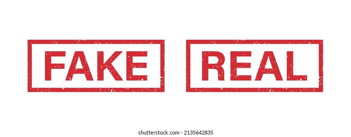 Fake and Real word grunge rubber stamp for media and documents. Fake and Real sign sticker. Symbol of truth and lies. Grunge red vintage square label. Vector illustration isolated on white background.