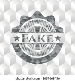 Fake realistic grey emblem with cube white background