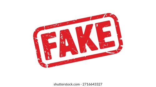 Etiqueta roja falsa del sello de goma con la textura del grunge, señal de advertencia para la detección del fraude, alerta de la desinformación, producto falsificado y concepto falso del contenido