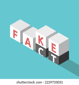 Fake replacing fact. Isometric cubes on turquoise blue. Mass media, false and true information and disinformation concept . Flat design. EPS 8 vector illustration, no transparency, no gradients