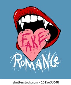 Fake Romance typographic slogan print design with red lip and pink heart illustration