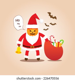 fake Santa Claus with halloween Pumpkin Head.