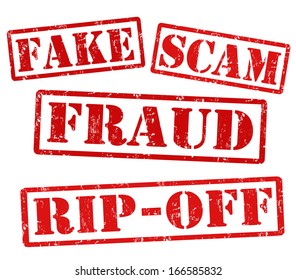 Fake, Scam, Fraud, Ripoff, grunge rubber stamps on white, vector illustration