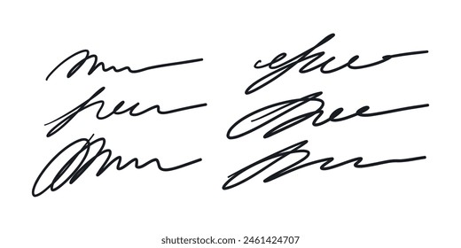 Fake set of autograph samples. Handwritten signatures, certificates and contracts in ink samples of documents and handwritten letters. Vector graphics of business