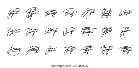 Fake signature and autograph doodle set isolated on white background vector illustration.