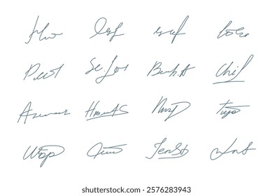 Fake Signature or Autograph Thin Line Hand Drawn Style Set. Vector illustration of Handwriting Scribble by Pen