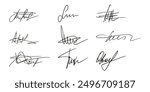 Fake signature hand drawn sample own autograph. Fictitious handwritten signature. Black ink color. Scribble for sample contracts documents certificates or letters. Vector illustration.