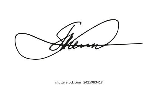 Fake signature hand drawn sample own autograph. Fictitious handwritten signature. Black ink. Scribble for sample contracts documents certificates or letters. Vector illustration.