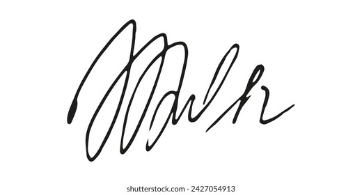 Fake signature hand drawn sample own autograph. Fictitious handwritten signature. Black ink. Scribble for sample contracts documents certificates or letters. Vector illustration.