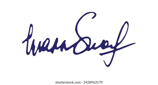 Fake signature hand drawn sample own autograph. Fictitious handwritten signature. Blue ink color. Scribble for sample contracts documents certificates or letters. Vector illustration.