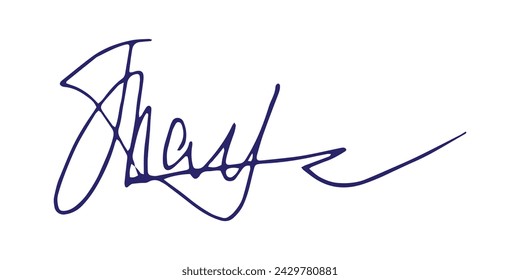 Fake signature hand drawn sample own autograph. Fictitious handwritten signature. Blue ink color. Scribble for sample contracts documents certificates or letters. Vector illustration.