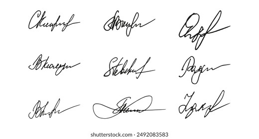 Fake signature hand drawn sample own autograph. Fictitious handwritten signature. Black ink color. Scribble for sample contracts documents certificates or letters. Vector illustration.