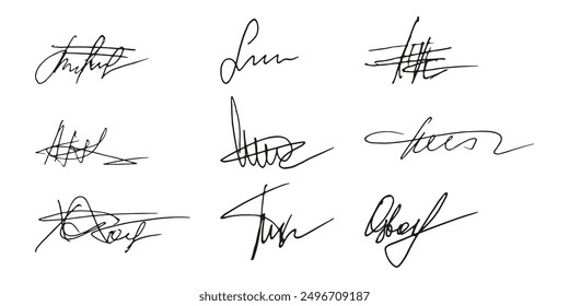 Fake signature hand drawn sample own autograph. Fictitious handwritten signature. Black ink color. Scribble for sample contracts documents certificates or letters. Vector illustration.