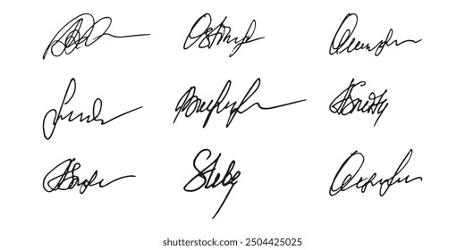 Fake signature hand drawn sample own autograph. Fictitious handwritten signature. Black ink color. Scribble for sample contracts documents certificates or letters. Vector illustration.