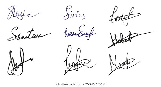 Fake signature hand drawn sample own autograph. Fictitious handwritten signature. Blue ink color. Scribble for sample contracts documents certificates or letters. Vector illustration.